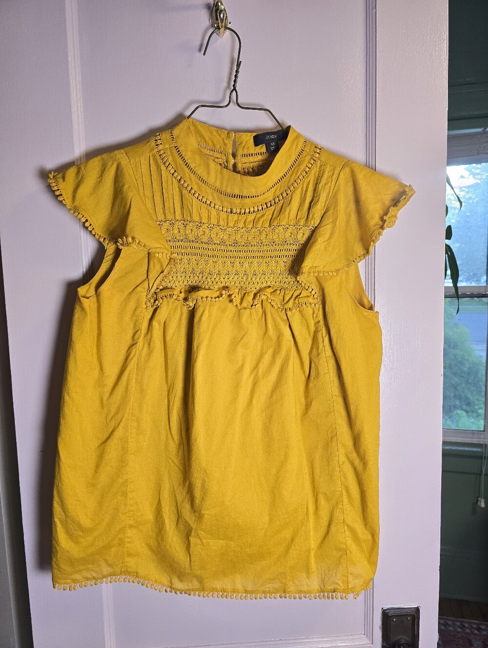 J. Crew Mustard Yellow Embroidered Flutter Sleeve Top Size XS - Picture 2 of 6